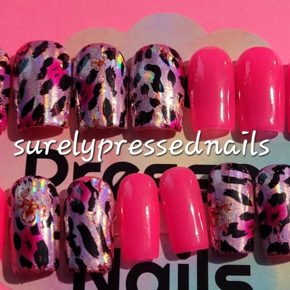 Soft Gel Short Square Pink Reflective Floral Animal Print Press on Nails - Picture 2 of 4